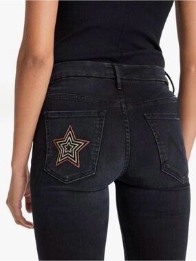 Mother High Waisted Looker Blackbird Jeans with Embroidered Star Patch, Size 29